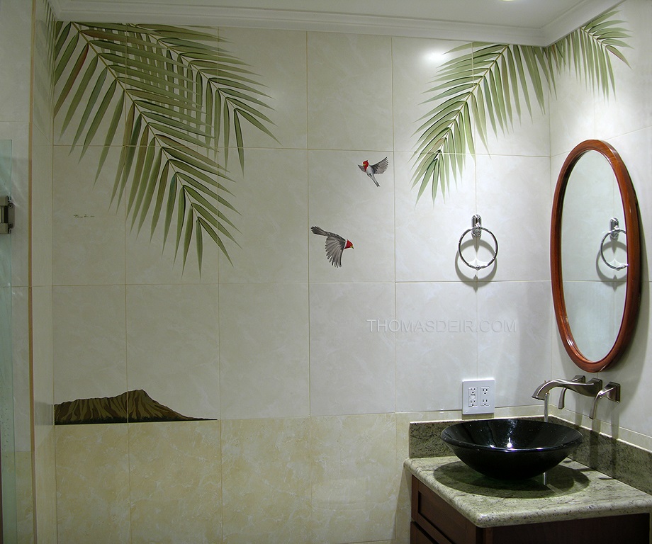 Bathroom tile murals tropical palm frond 