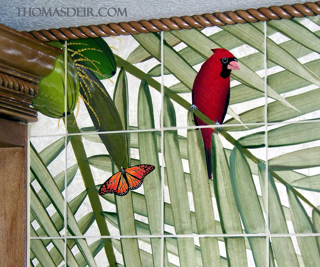 Butterfly Cardinal Bird wall tile mural detail