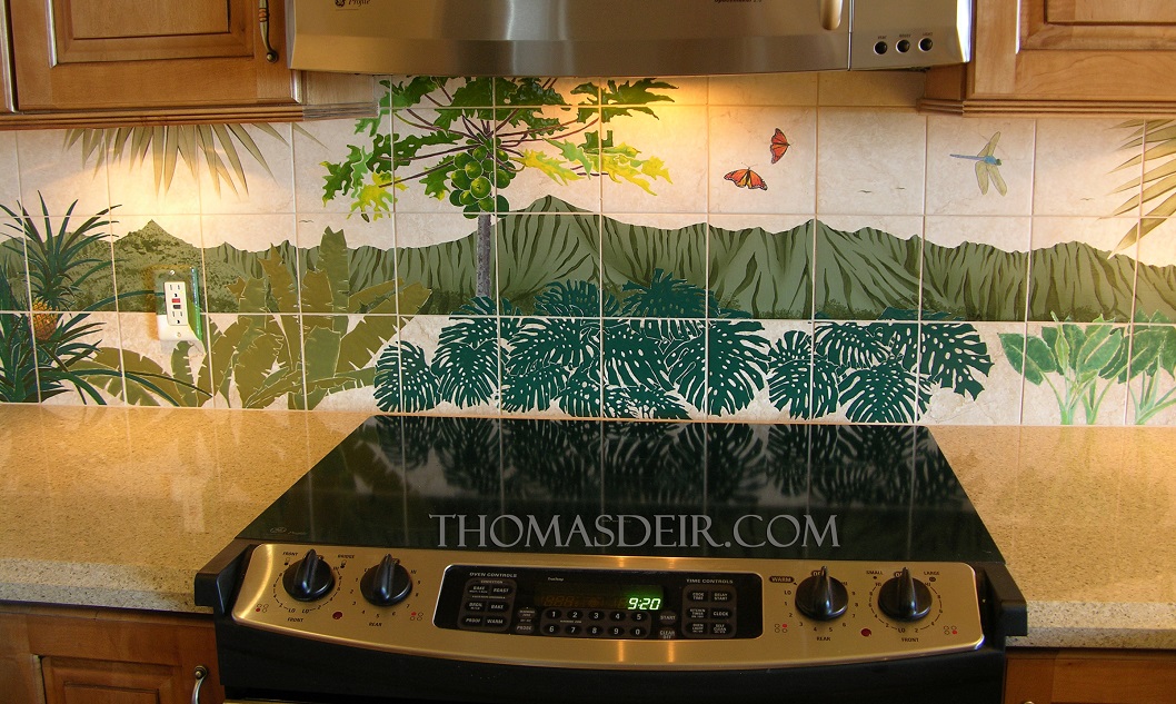Hawaiian tile mural kitchen backsplash landscape flowers
