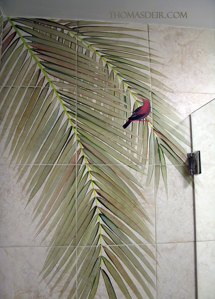 Shower Tile Mural with Palm Fronds and Hawaiian Bird
