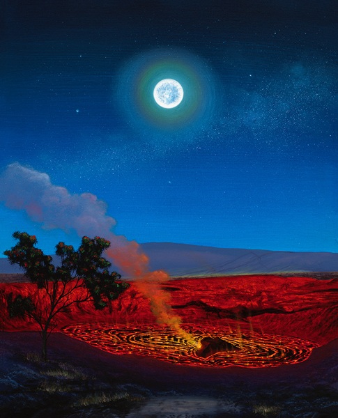 Painting of an imagined scene of Halemaumau Crater with a full moon above in a twilight sky.
