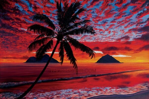 Painting of a Hawaii beach and Mokulua Islands at sunrise