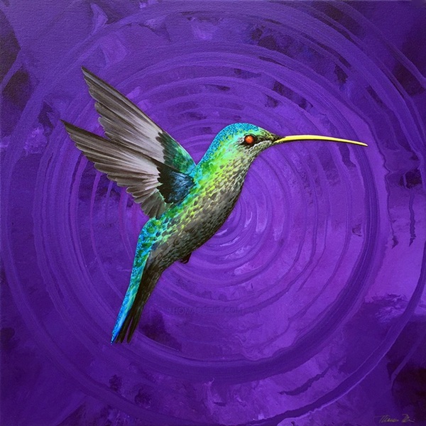 Painting of a humming bird on a purple background.
