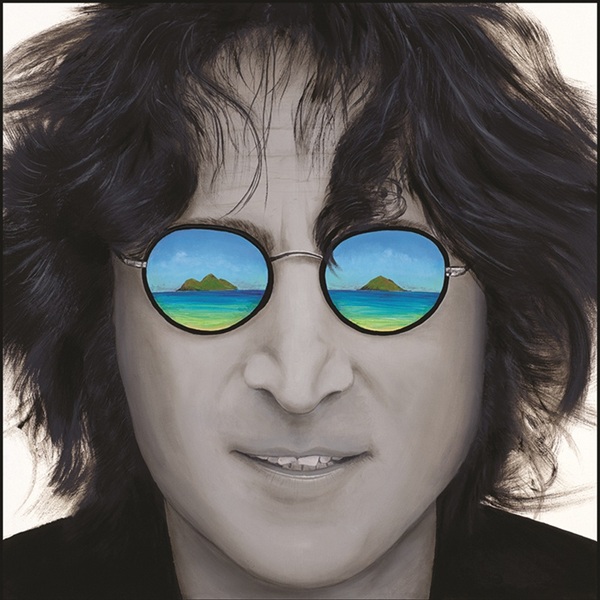Portrait of John Lennon with reflection of Mokulua Islamds in Lennon's glasses