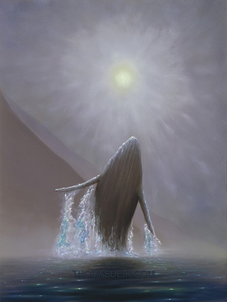 painting of a whale breaching toward the morning sun