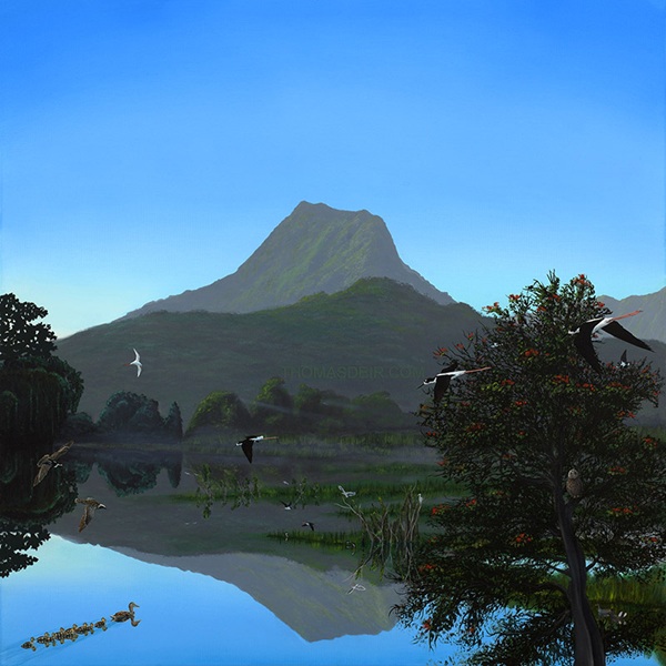 Painting of Olomana and wetlands in the morning.