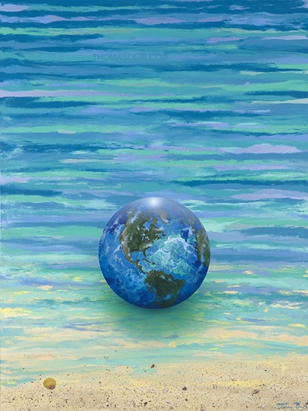 Surrealist painting of the earth resting on the water and sand of a beach