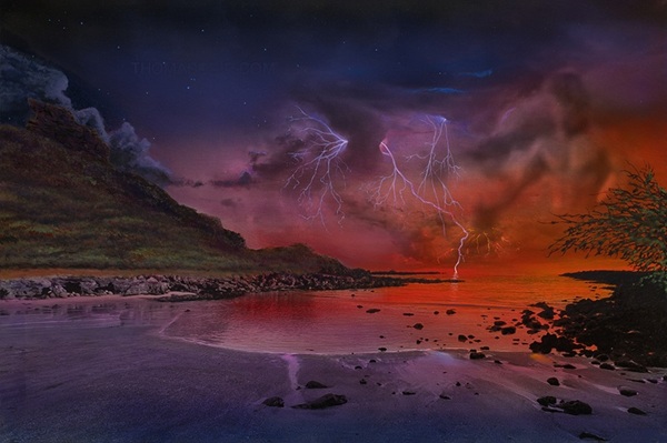 Pele's Chair painting by Thomas Deir showing a lava pool, lightning and clouds.